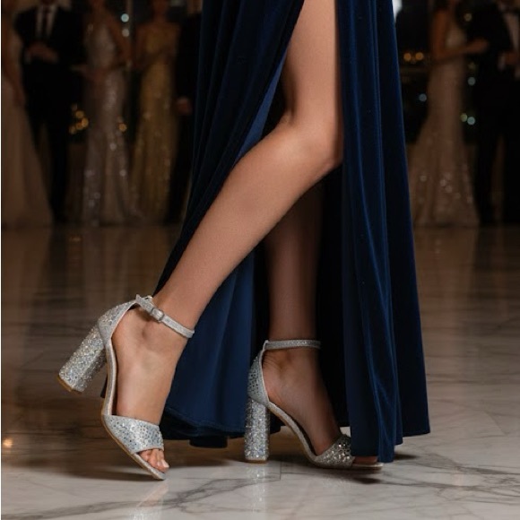 Silver Rhinestones Open Toe Heels - Picture 2 of 6